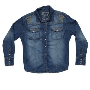 Ethyl‎ Medium Blue Denim Western Snap Down Shirt Floral Embroidery Rhinestone M